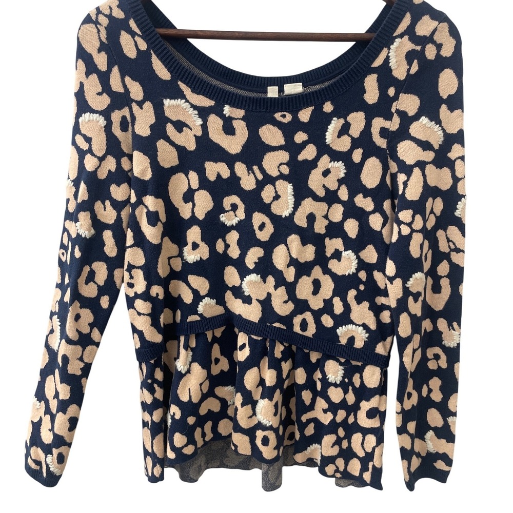 Anthropologie MOTH Leopard Print Peplum Sweater‎ Navy Beige Long Sleeve M Preppy